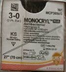 Шовний Monocryl Plus 3-0, пряма ріжуча голка. Кількість 12шт.